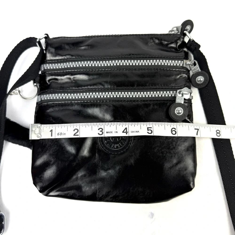 Kipling Alvar Crossbody Bag Small Shiny Black Triple Zip Monkey Charm NEW